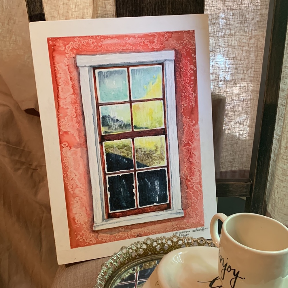 Red wall window watercolor painting 11” by 15” on birch board by local artist.